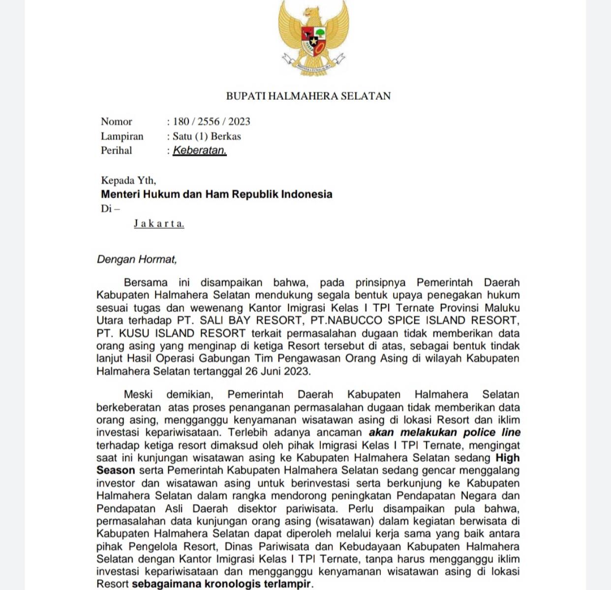 Gambar : Surat Keberatan Yang Di layangkan Bupati Halsel Usman Sidik.