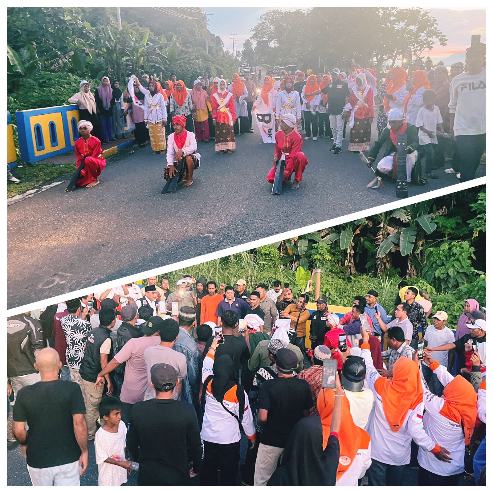 Gambar : Ribuan Simpatisan Padati Jalan Raya Desa Mamuya Menjemput Paslon Nomor Urut 3 MK-Bisa.